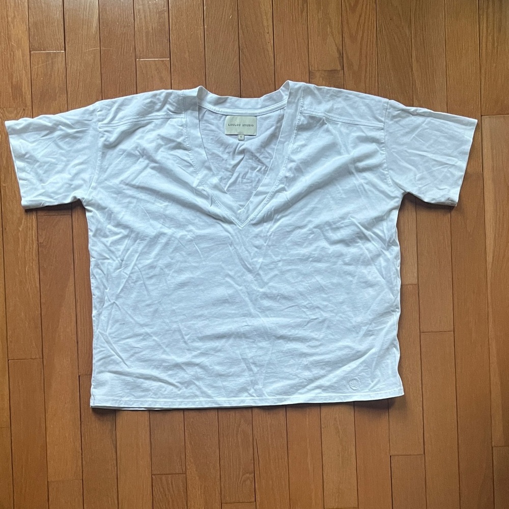 LouLou Studio crop box fit 100% organic cotton deep V white T-shirt